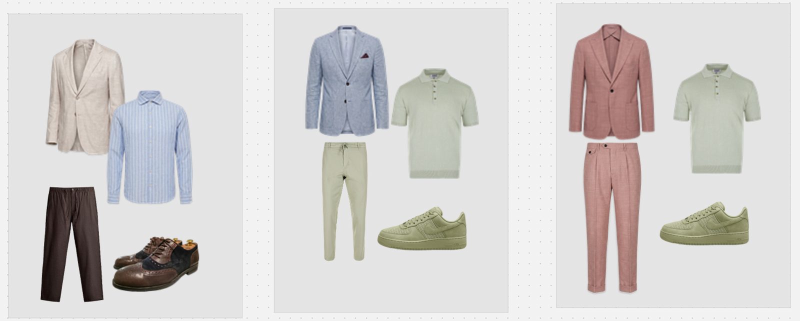 Three outfit boards built from blazers, shirts, polos, trousers and shoes