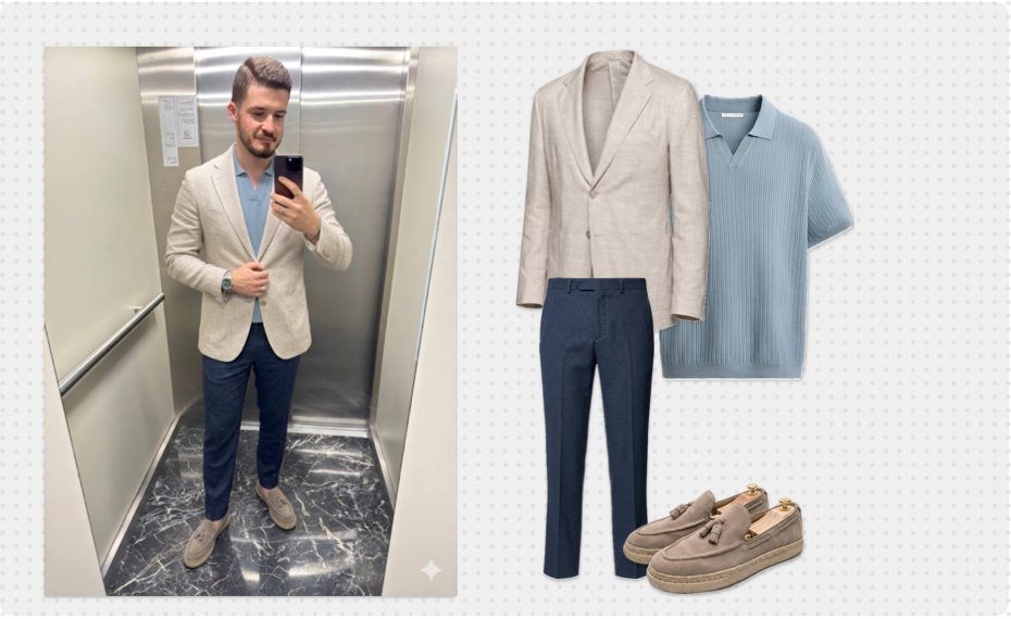 Photo of the stylist in a beige blazer and navy trousers next to the same pieces laid out on the board