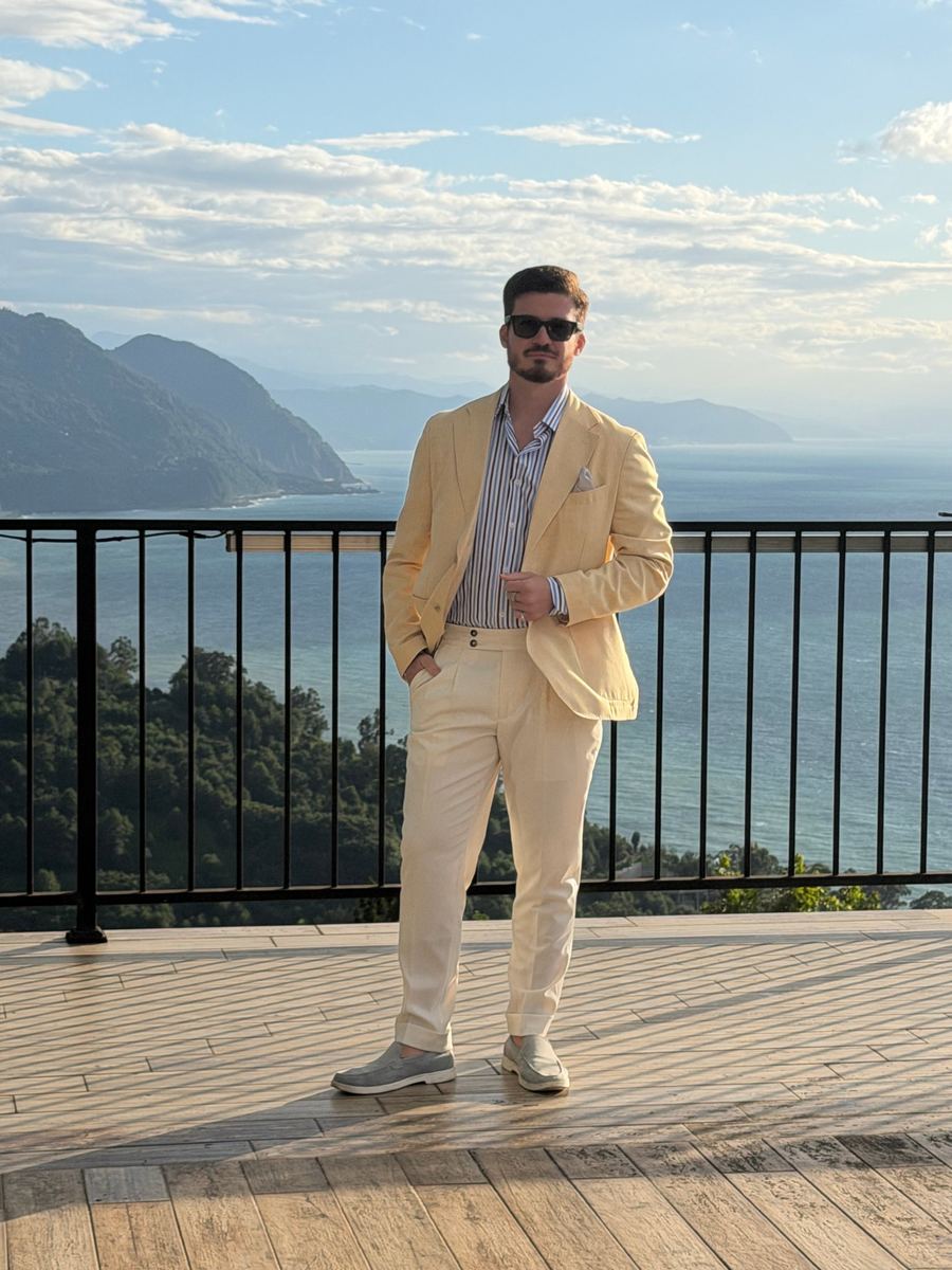 Light yellow linen suit with striped shirt
