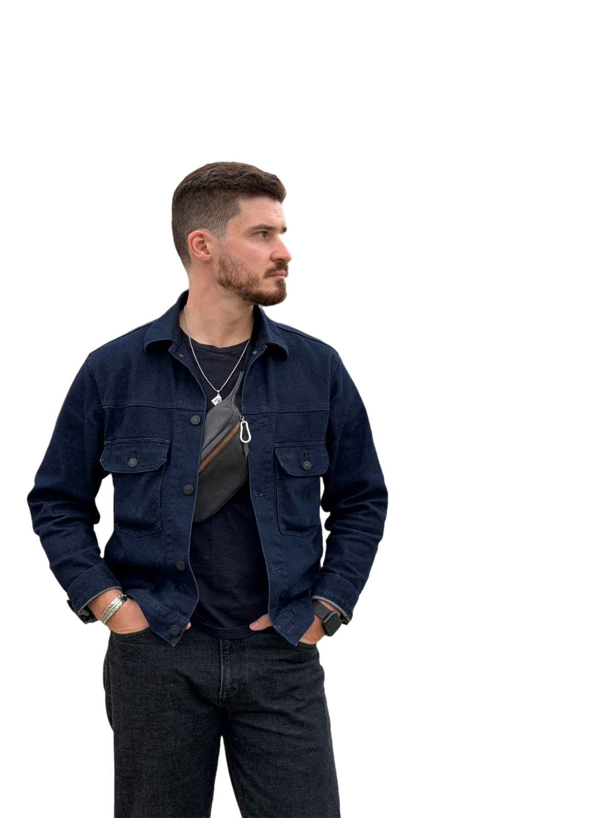 Personal stylist in a dark denim overshirt, navy t-shirt and black jeans